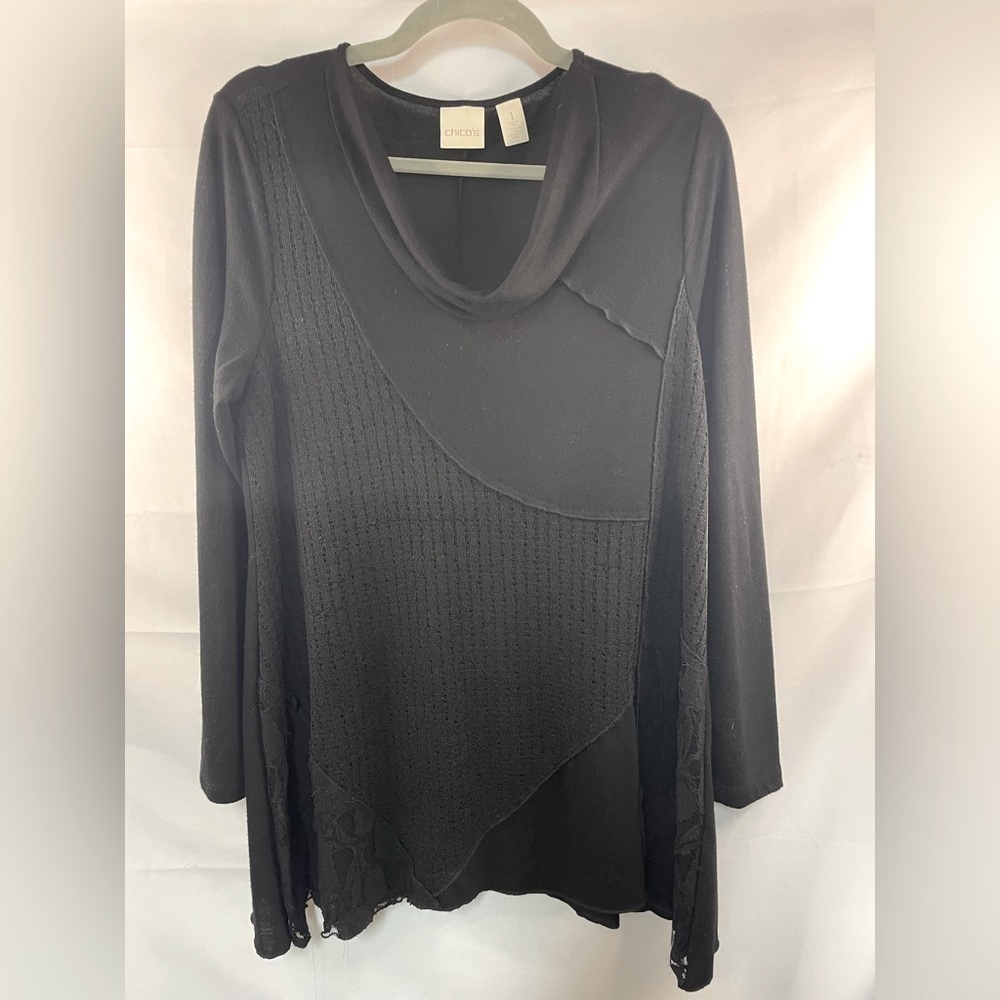 Chicos hlsck embellished T shirt/light sweater. Multi layer scoop neck. Size 1